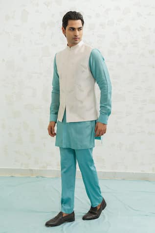 Runit Gupta Feather Pink Embroidered Bundi & Kurta Set 