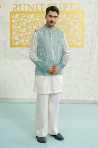Runit Gupta Contour Blue Zipper Bundi Kurta Set 