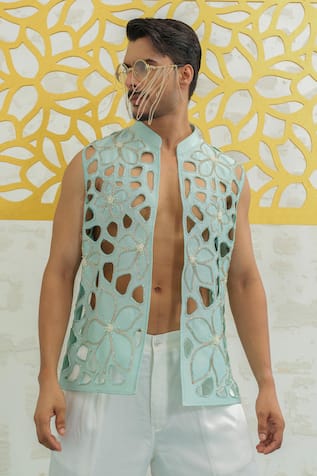 Runit Gupta Blue Cutwork Floral Bundi 