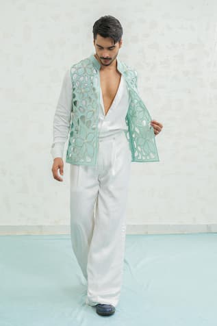 Runit Gupta Blue Cutwork Floral Bundi Set 