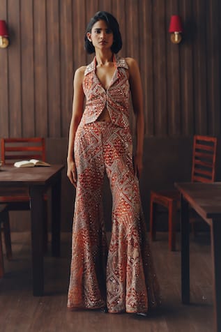 Twenty Nine Mirrorwork Beadwork Tulle Bootcut Pant 