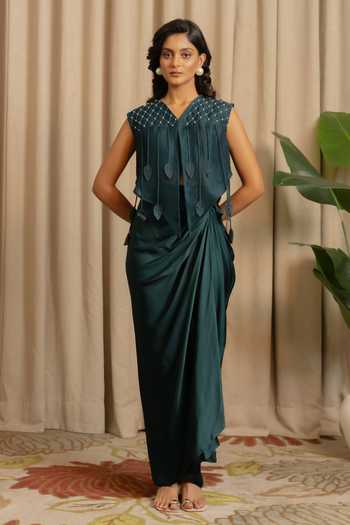 Vanshika Agarwal Label Noa Embroidered Overlay Top & Draped Skirt Set 