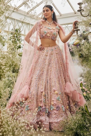 Baya 3D Floral Applique & Sequin Embroidered Lehenga Set 