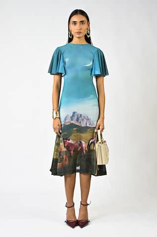 Huemn Sculpted Horse Grazing Landscaped Print Dress 