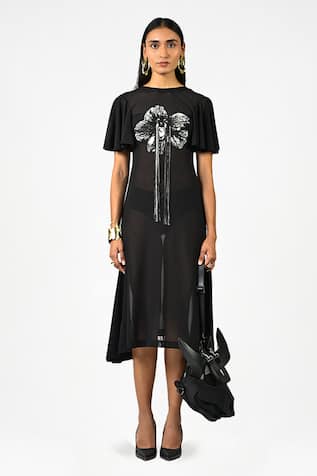 Huemn Sculpted Black Hand Embroidered Lycra Dress 