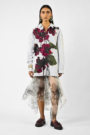 Huemn Fanged Floral Print Pinstriped Cotton Shirt 
