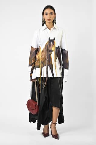 Huemn Hanging Silk Thread Horse Print Cotton Shirt 
