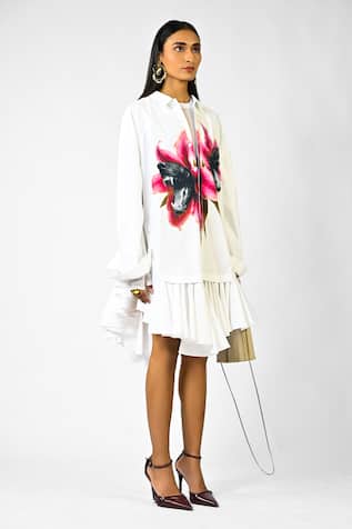 Huemn Fanged Floral Print Ruffle Hem Shirt Dress 