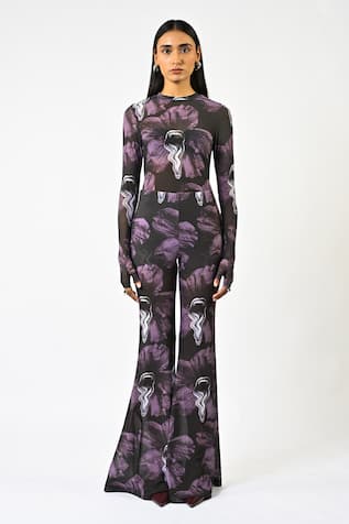 Huemn Sculpted Purple Lycra Printed Bootcut Pant 