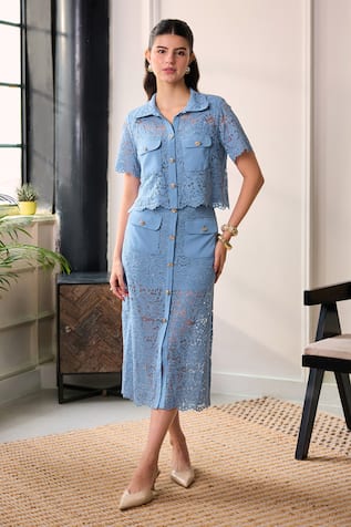 Label Deepika Nagpal Naya Lace Mesh Cropped Shirt & Midi Skirt Set 