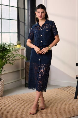 Label Deepika Nagpal Naya Lace Mesh Cropped Shirt & Midi Skirt Set 