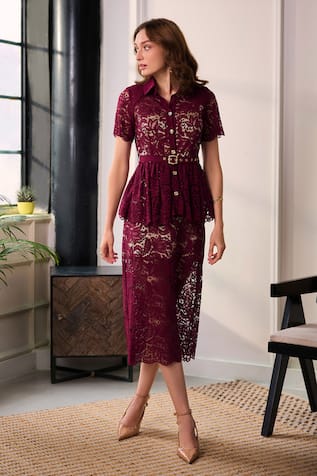 Label Deepika Nagpal Opera Lace Mesh Peplum Top & Midi Skirt Set 