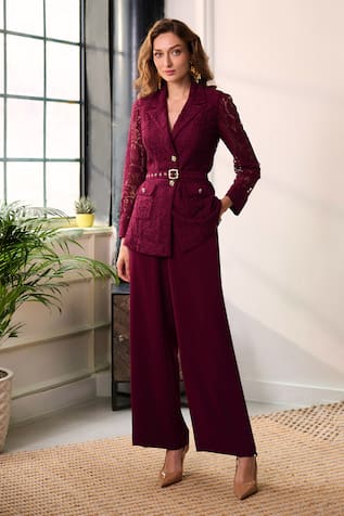 Label Deepika Nagpal Leah Opera Lace Mesh Blazer & Pant Set 