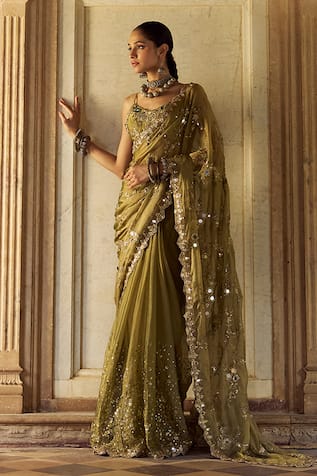 Lashkaraa Embroidered Tissue Pre-Draped Saree & Blouse 