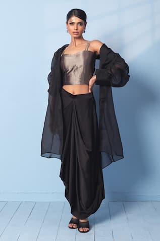 Vishwa By Pinki Sinha Brocade Corset Top, Draped Skirt & Jacket 