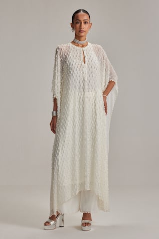 Vvani By Vani Vats Off White Pearl Drop Kaftan Set 