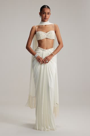 Vvani By Vani Vats Off White Satin Draped Skirt Set 