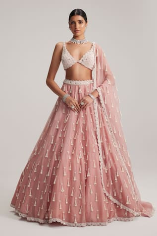 Vvani By Vani Vats Dusty Rose Long Pearl Tassels Lehenga Set 