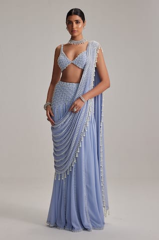 Vvani By Vani Vats Linear Mirror & Pearl Work Draped Saree Set 