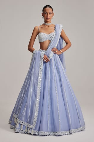 Vvani By Vani Vats Dew Blue Linear Mirror Organza Lehenga Set 