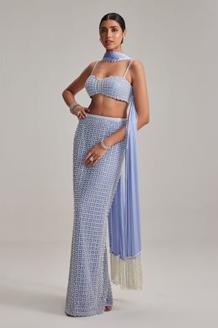 Vvani By Vani Vats Dew Blue Pencil Skirt Set 