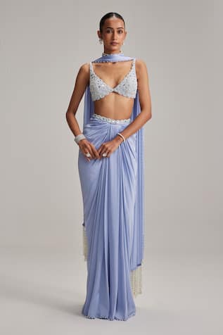 Vvani By Vani Vats Dew Blue Satin Draped Skirt Set 
