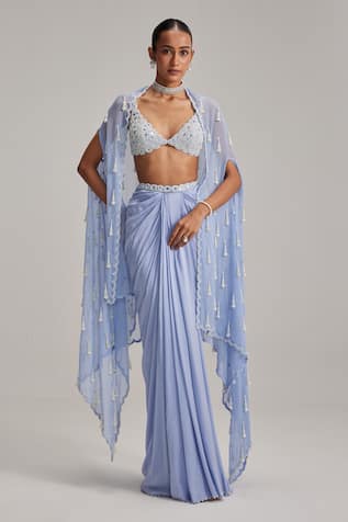 Vvani By Vani Vats Dew Blue Cape & Draped Skirt Set 