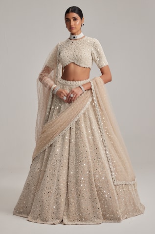 Vvani By Vani Vats Mirror & Pearl Work Bridal Lehenga Set With Veil 