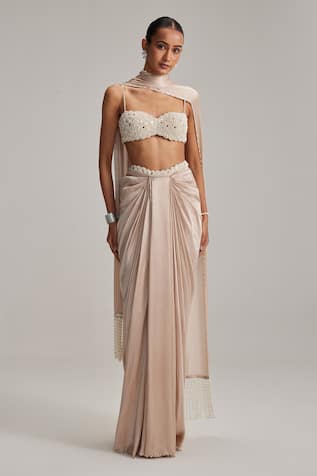 Vvani By Vani Vats Light Beige Satin Draped Skirt Set 