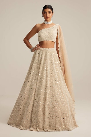 Vvani By Vani Vats Mirror & Pearl Work One Shoulder Blouse Lehenga Set 