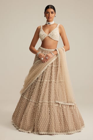 Vvani By Vani Vats Light Beige Pearl Drop Multi Tier Lehenga Set 