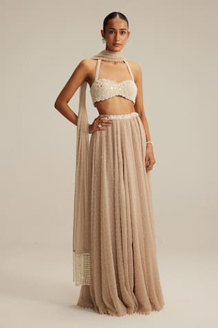 Vvani By Vani Vats Light Beige Skirt Set With Halter Neck Blouse 