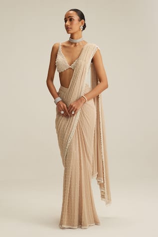 Vvani By Vani Vats Light Beige Draped Saree Set 