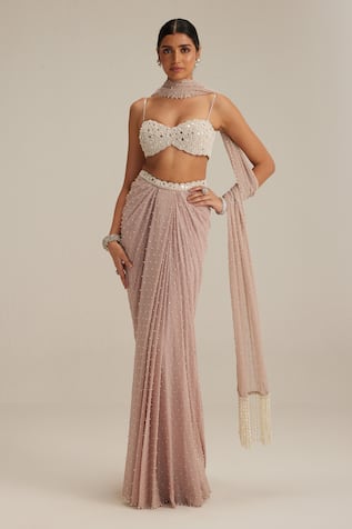 Vvani By Vani Vats Ash pink Pearl Scattered draped skirt set 