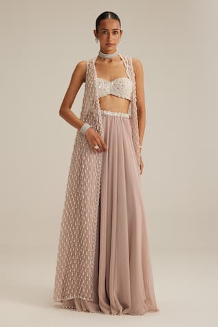 Vvani By Vani Vats Ash Pink Pearl Drop Jacket Skirt Set 