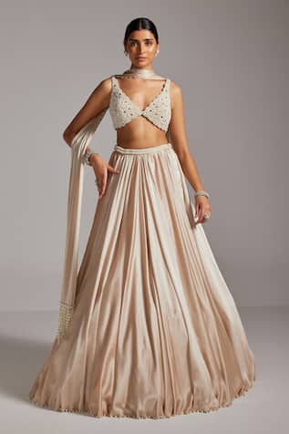 Vvani By Vani Vats Light Beige V Neck Blouse & Satin Skirt Set 