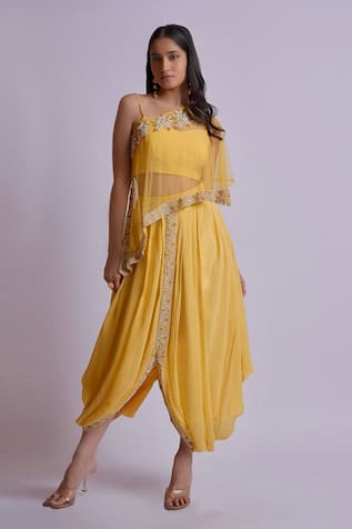 Richa Jaisinghani Label Honey Haze One Shoulder Cape & Skirt Set 