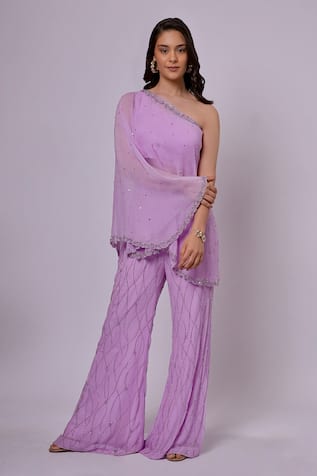 Richa Jaisinghani Label Amethyst Bloom One Shoulder Cape Pant Set 
