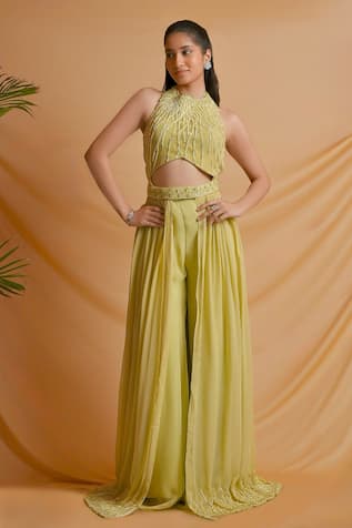 Richa Jaisinghani Label Palm Sage Jumpsuit With Trail 