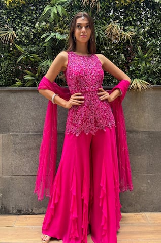 Richa Jaisinghani Label Fuscia Flame Kurta Sharara Set 
