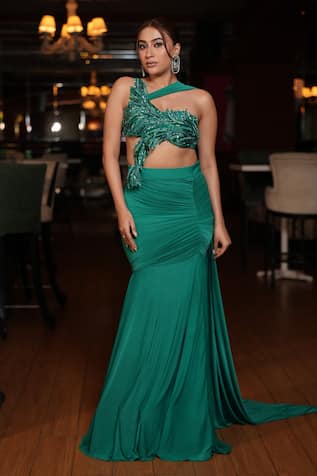 Richa Jaisinghani Label Teal Lush Embroidered Top & Skirt Set 