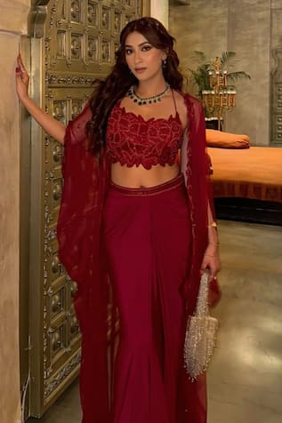 Richa Jaisinghani Label Ruby Red Sheer Cape & Skirt Set 