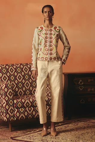 Pooja Rajgarhia Gupta Biege Ikat Pattern Denim Trouser 