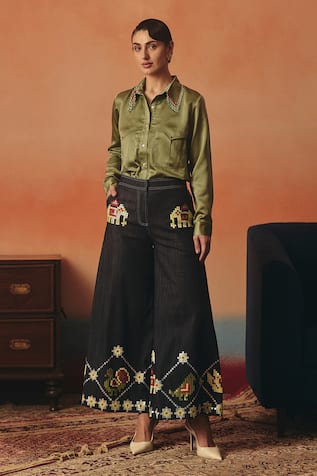 Pooja Rajgarhia Gupta Mithu Ikat Pattern Flared Denim Pant 