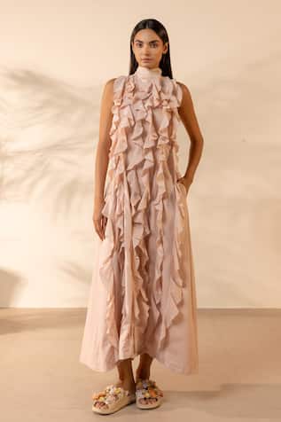 OurDve Sunny Side Ruffled Sleeveless High Neck Dress 