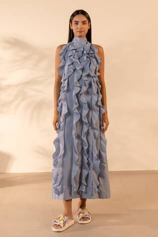 OurDve Sunny Side Ruffle Halter Neck Midi Dress 