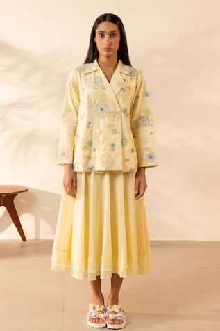 OurDve Lush Floral Applique Double Breasted Jacket 