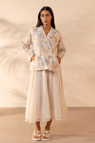 OurDve Lush Floral Applique Jacket & Skirt Set 