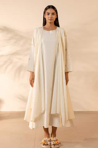 OurDve Saffron Sky Embroidered Cotton Dress & Shrug Set 