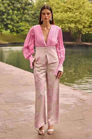 Therealb Jacquard Pleated Top & Embroidered Trouser Set 